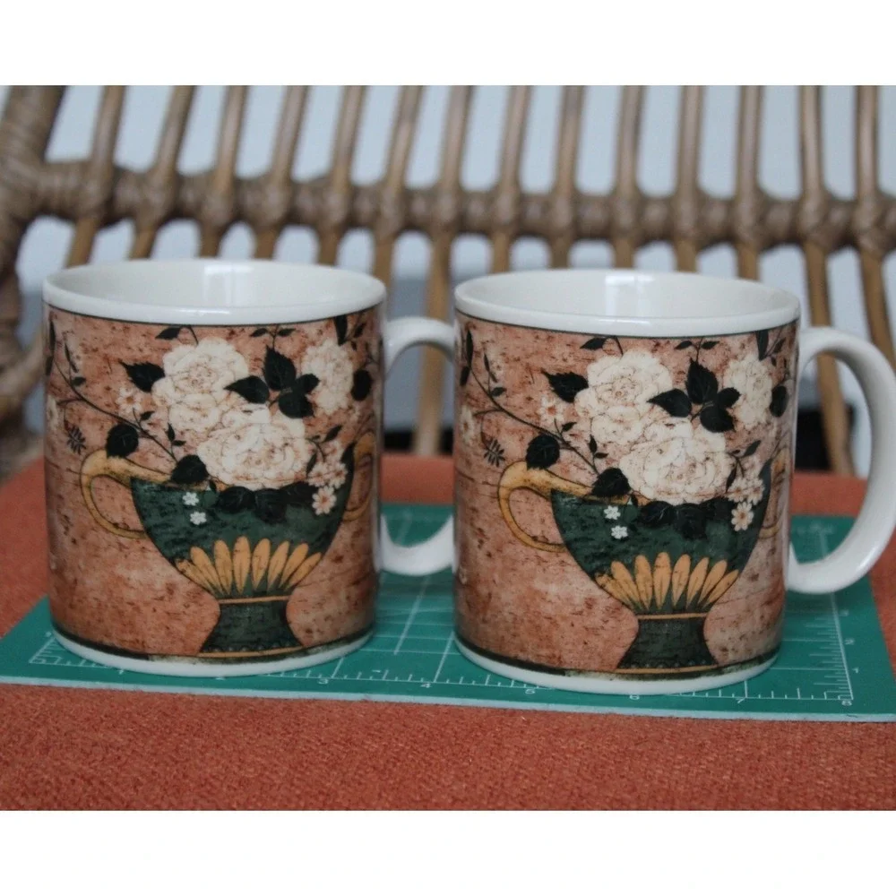 Sakura Warren Kimble White Roses Coffee Mugs Set of 2 Vintage 1997 Floral Brown - Picture 1 of 10